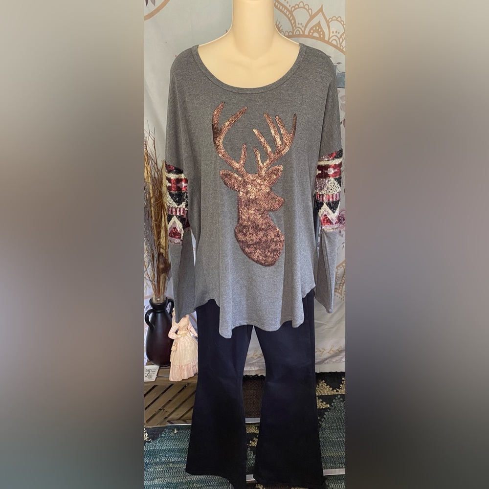 Pink Owl size medium sequin, long sleeve, sequin shirt deer with antlers